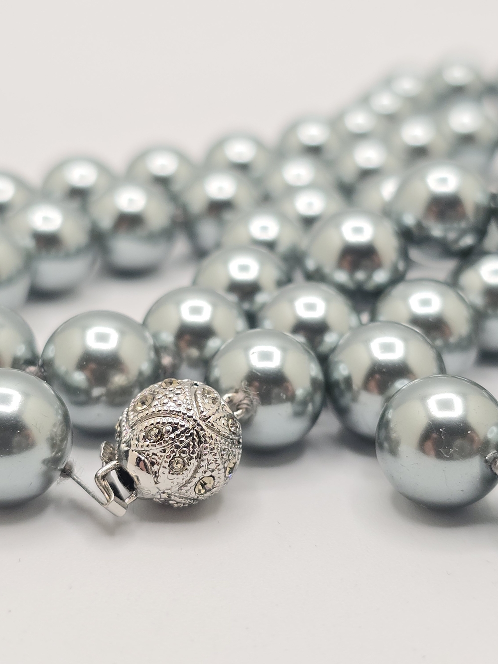 VTG Gray Blue Glass Faux Pearl Necklace Knotted 40" Ornate Clasp